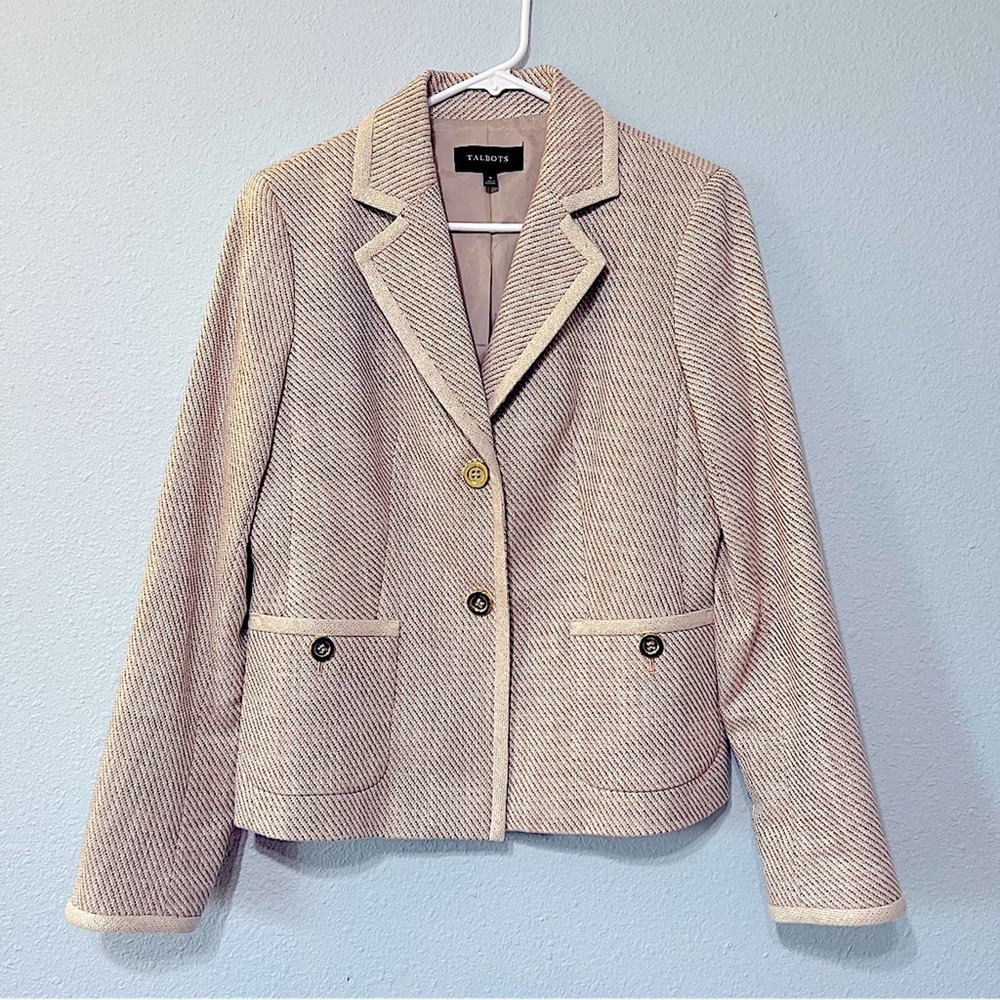 Talbots EUC Ivory & Gold Woven Cotton Blazer with Gold Accents 6
